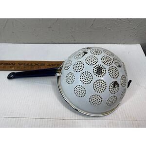 Vintage Enamelware Blue White Strainer Colander Sieve Graniteware